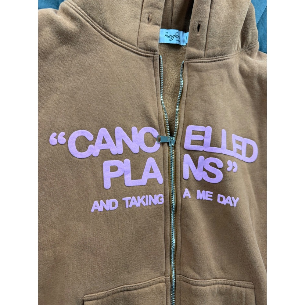 The Mayfair Group Cancelled Plans Zip Up Hoodie Brown Pink Puff Print L/XL - Picture 4 of 14